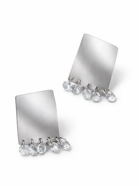 Silver Rectangle Crystal Drop Stud Earrings